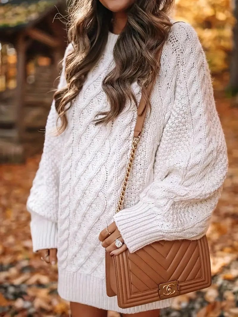 Cozy Cable Knit Long Sleeve Crew Neck Sweater Mini Dress