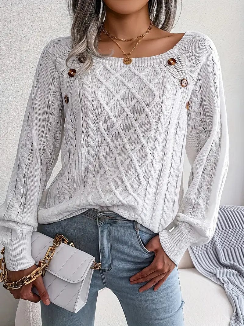 Cozy Solid Cable Knit Square Neck Long Sleeve Sweater SWE231012219WHIS(4) White / S(4)