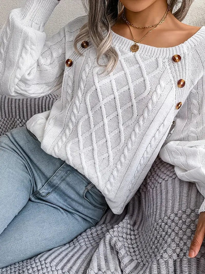 Cozy Solid Cable Knit Square Neck Long Sleeve Sweater
