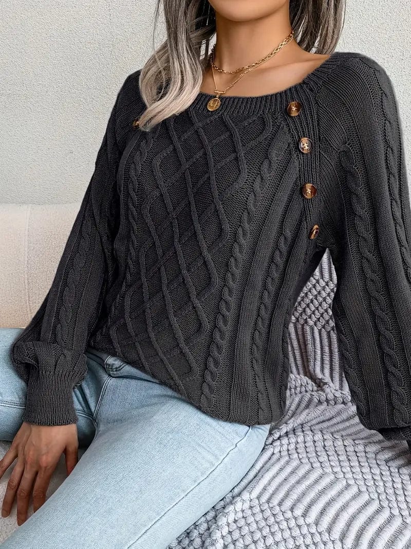 Cozy Solid Cable Knit Square Neck Long Sleeve Sweater