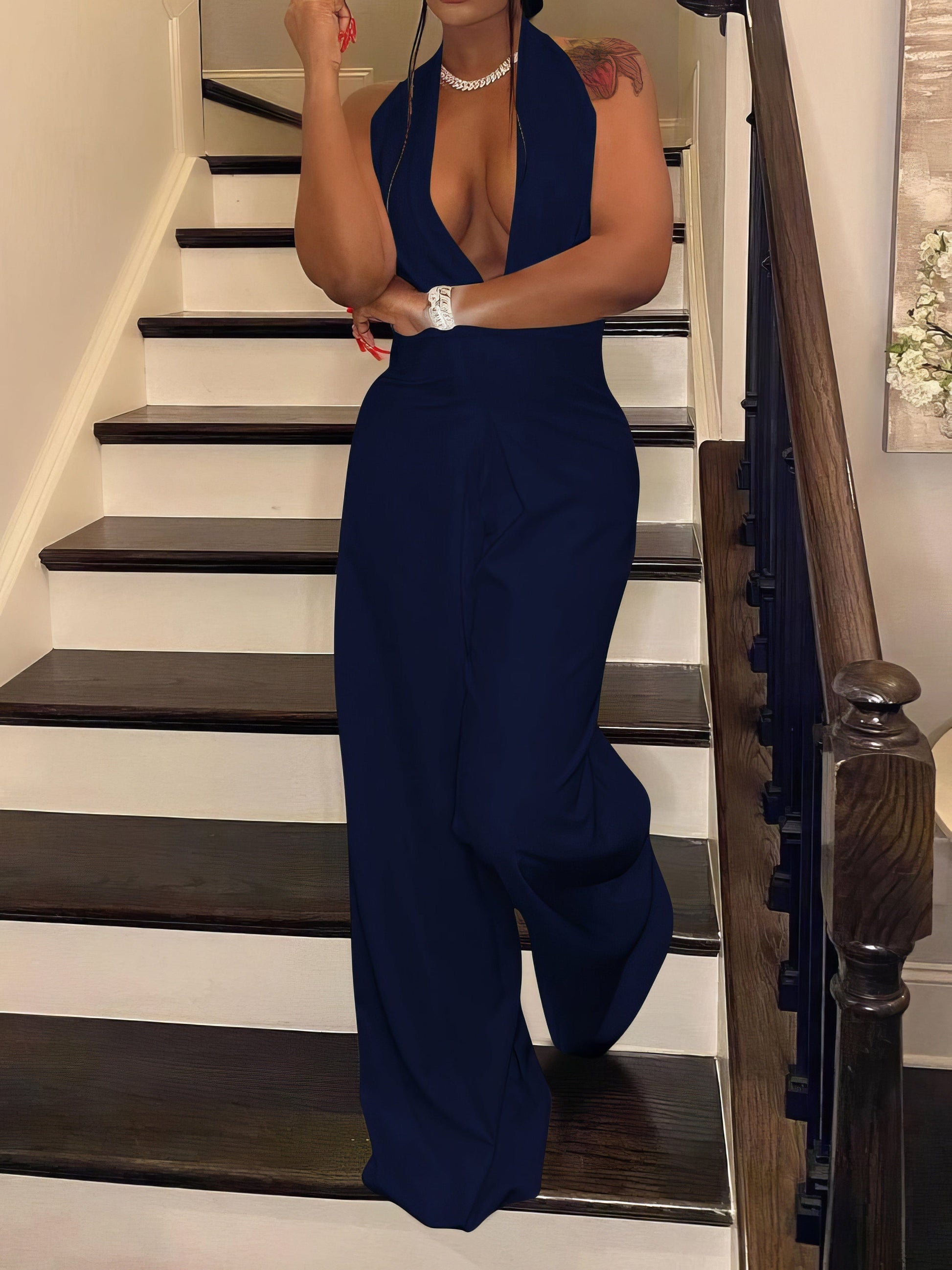 Deep V-Neck Halter Bare Back Jumpsuit JUM2202141423TGRES Navy / 2 (S)