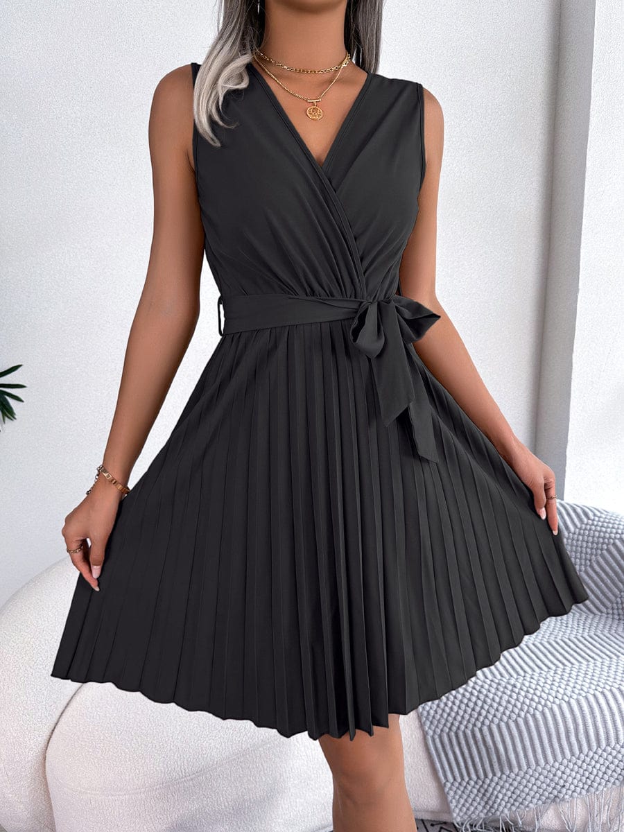Elegant Cross V-Neck Sleeveless Pleated Waist Mini Dress DRE2306250253BLAS Black / 2 (S)