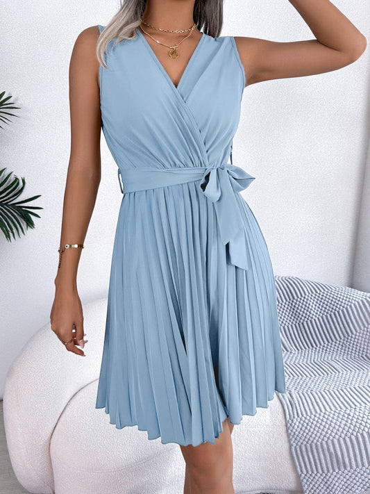 Elegant Cross V-Neck Sleeveless Pleated Waist Mini Dress DRE2306250253LBLS LightBlue / 2 (S)