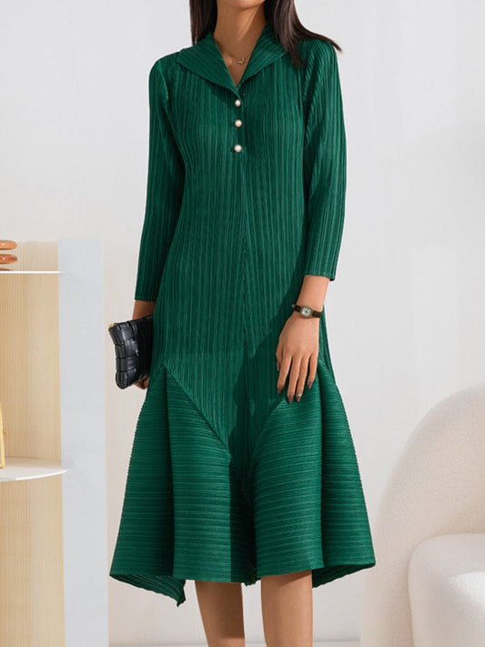 Elegant Fashionable Pleated Solid Color All Match Midi Dress DRE2307070280GREONESIZE Green / 4/6(M)