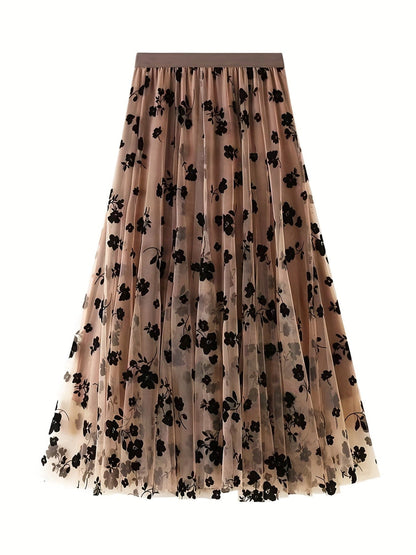 Elegant Floral Print Mesh High Waist Maxi Dress DRE231012117BRNS(4) Brown / S(4)