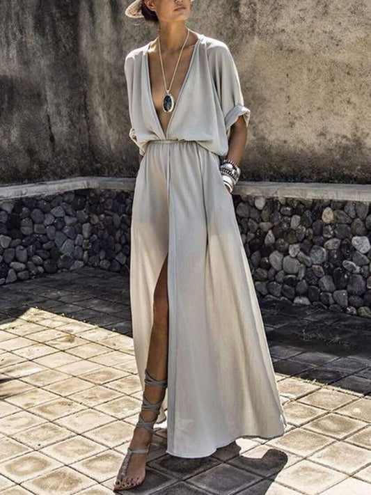 Elegant Solid Deep V Neck Split Dress DRE2106281315WHIS White / 2 (S)