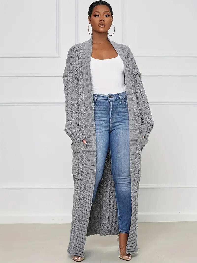 Elegant Solid Long Sleeve Mid-Calf Length Loose Cable Knit Cardigan CAR231012018GRYS(4) Gray / S(4)