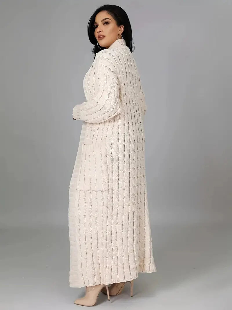 Elegant Solid Long Sleeve Mid-Calf Length Loose Cable Knit Cardigan