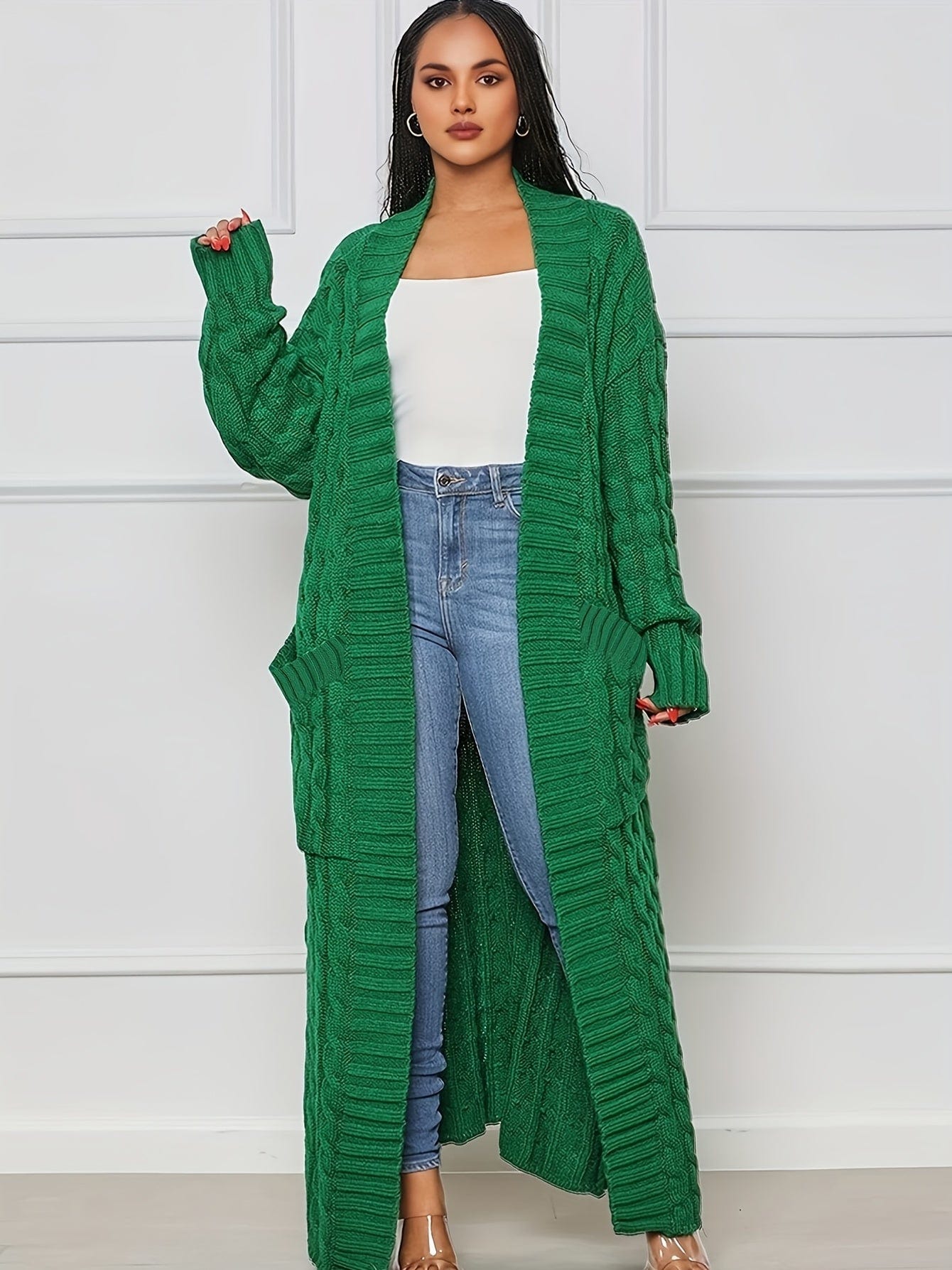 Elegant Solid Long Sleeve Mid-Calf Length Loose Cable Knit Cardigan CAR231012018GRNS(4) Green / S(4)