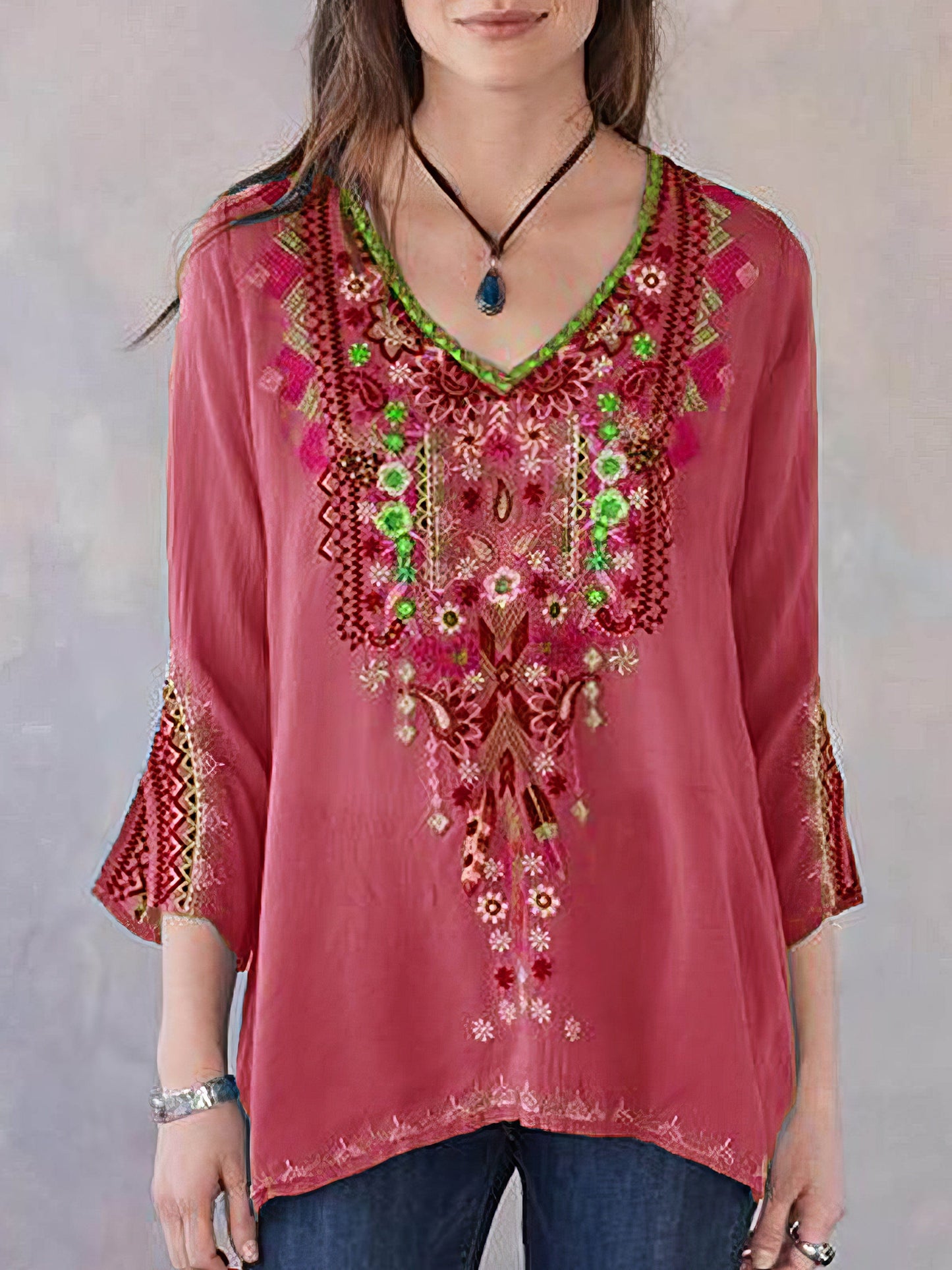 Embroidery Print 3/4 Sleeve V-neck Shirt TSH2106040055S Red / 2 (S)