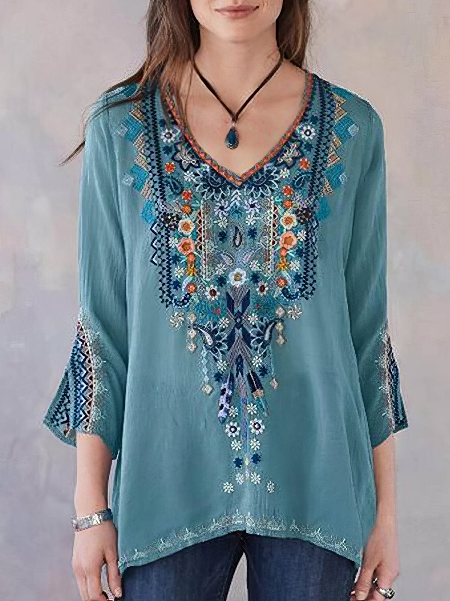 Embroidery Print 3/4 Sleeve V-neck Shirt TSH2106040055LIGS LightBlue / 2 (S)