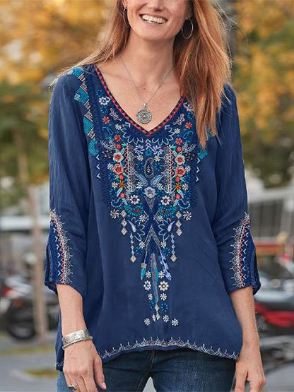 Embroidery Print 3/4 Sleeve V-neck Shirt TSH2106040055NAVS Navy / 2 (S)