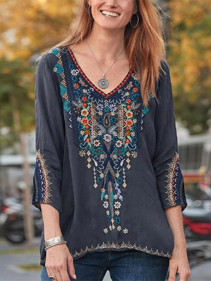 Embroidery Print 3/4 Sleeve V-neck Shirt TSH2106040055GRAS Gray / 2 (S)