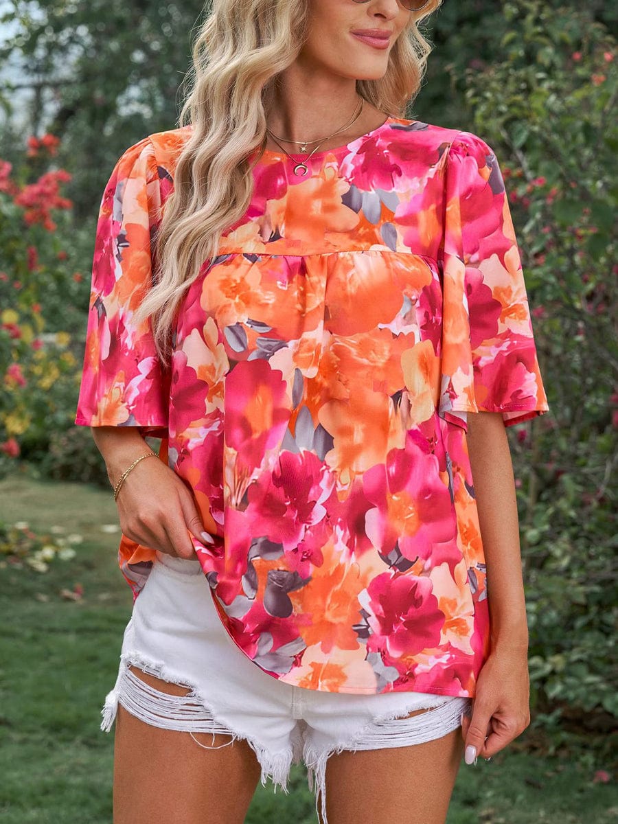 Fashion Casual Floral Print Loose Short Sleeve T-Shirt TSH2304030125ORES OrangeRed / 2 (S)