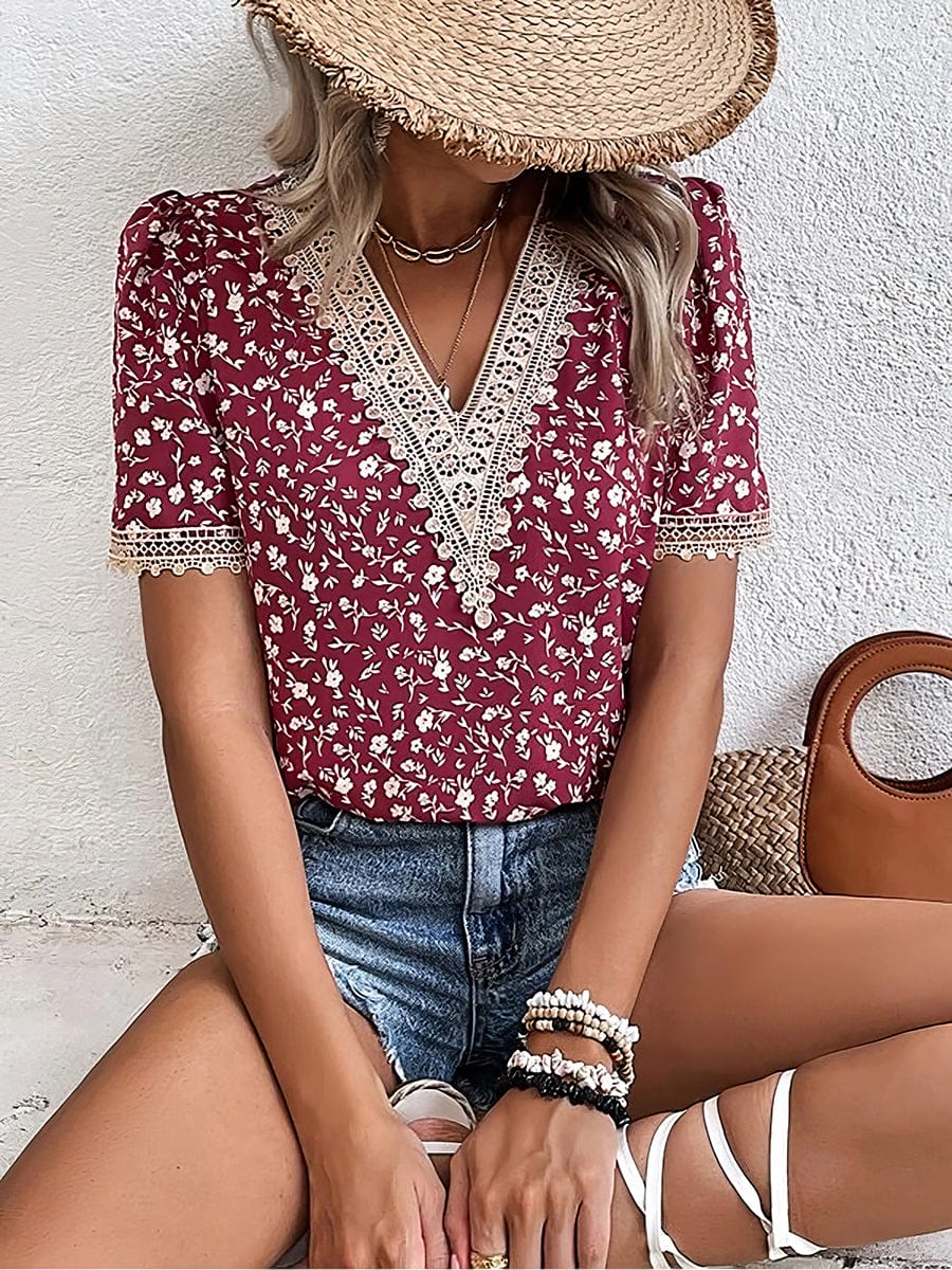Fashion Floral Print Lace Collar Short Sleeve T-Shirt TSH2304120136REDS Red / 2 (S)