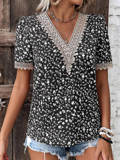 Fashion Floral Print Lace Collar Short Sleeve T-Shirt TSH2304120136BLAS Black / 2 (S)