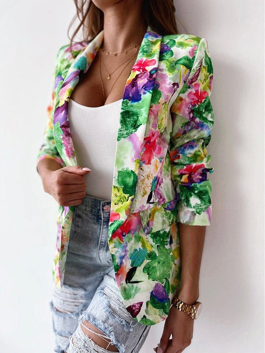 Fashion Floral Print Padded Shoulder Coat COA2212161477GRES Green / 2 (S)