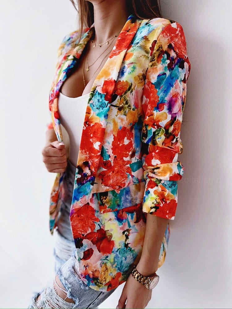 Fashion Floral Print Padded Shoulder Coat COA2212161477ORAS Orange / 2 (S)
