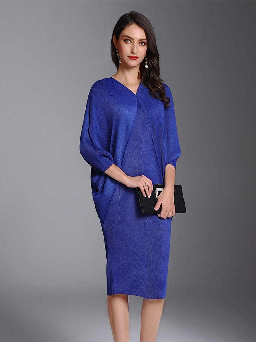 Fashion Pleated Bat Sleeve Loose Midi Dress DRE2303240101DBLONESIZE DarkBlue / 4/6(M)