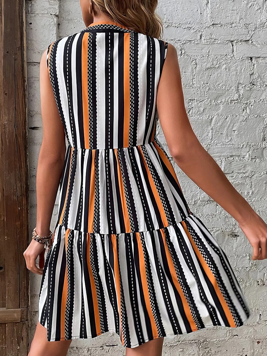 Fashion Print Stand Collar Striped Sleeveless Mini Dress