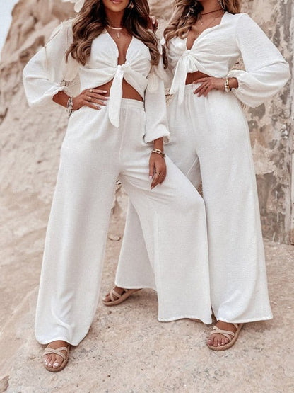 Fashion Solid Tie Long Sleeve Two Piece Set Set2301040001WHIS White / 2 (S)