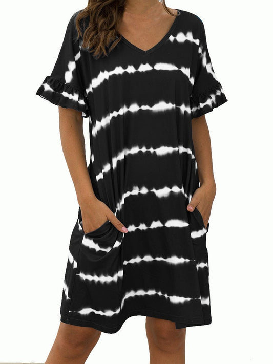 Fashionable Printed Loose Fit And Sweet Stitching Mini Dress - V-Neck - Circular Cap DRE2308160371BLAS Black / 2(S)