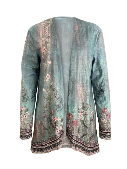 Floral Print Dipped Hem Open Front Long Sleeve Casual Cardigan