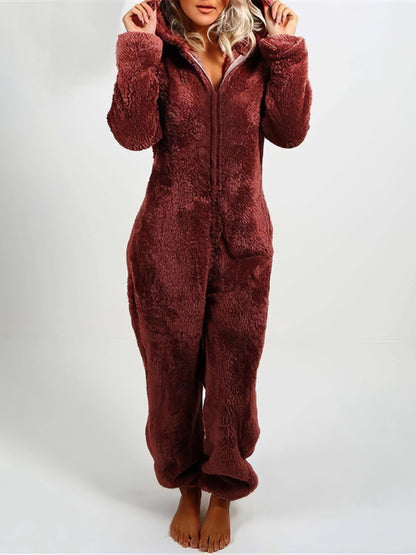 Furry Zipper Jumpsuit Hooded Pajamas PAJ2109101118WREDS Red / 2 (S)