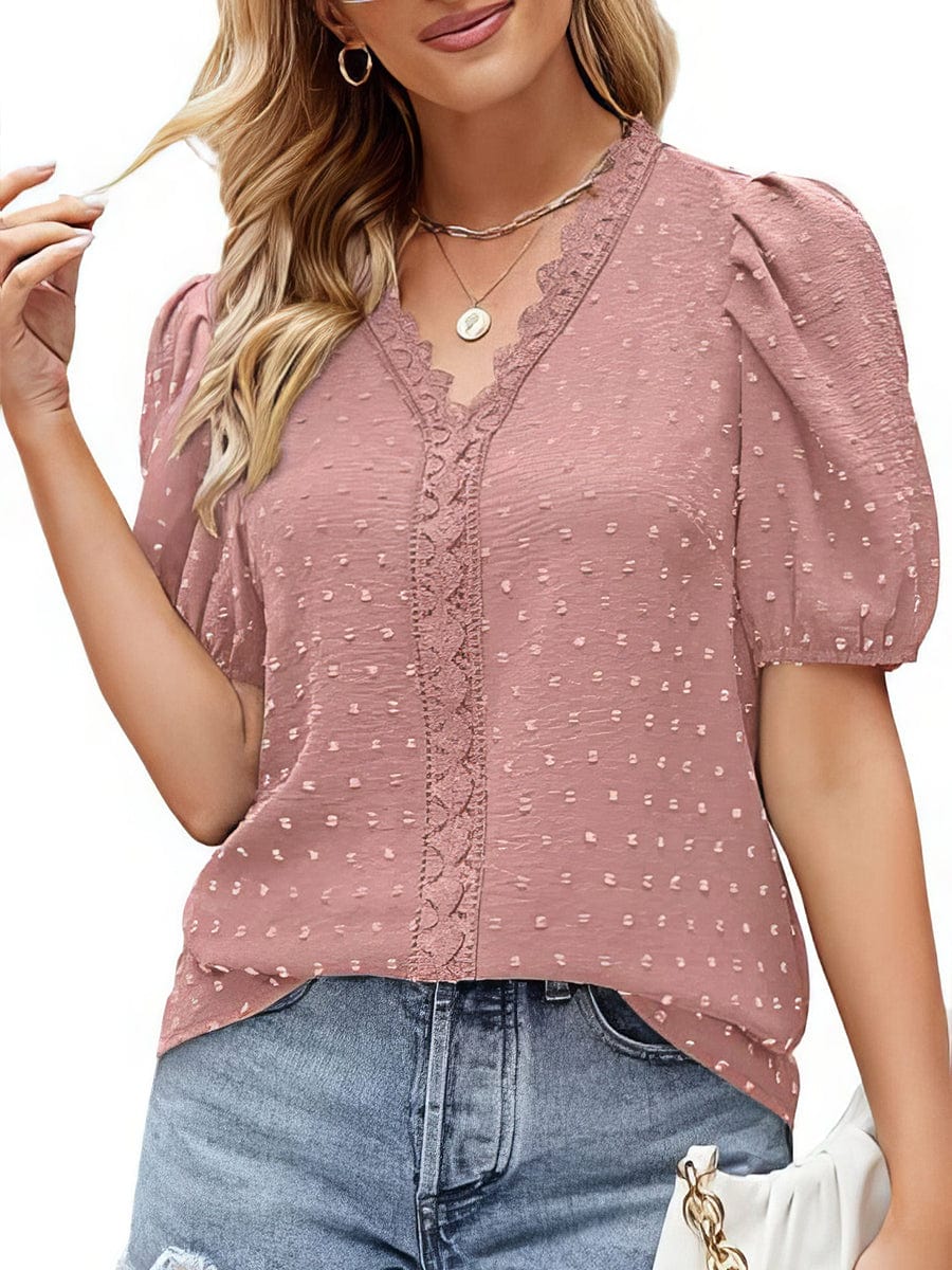 Lace Bubble Short Sleeve V Neck T-Shirt TSH2303300117PINS Pink / 2 (S)
