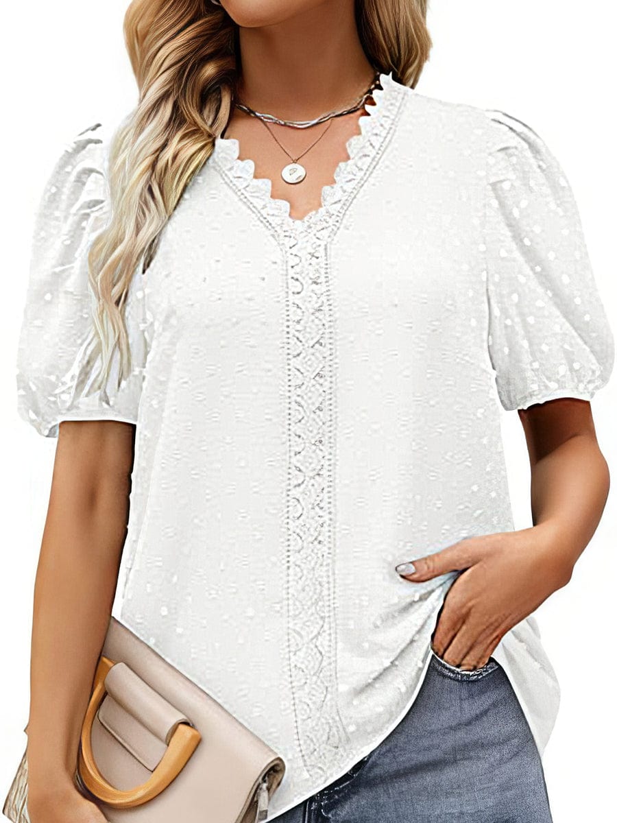 Lace Bubble Short Sleeve V Neck T-Shirt TSH2303300117WHIS White / 2 (S)