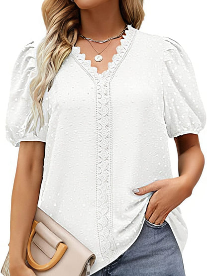 Lace Bubble Short Sleeve V Neck T-Shirt TSH2303300117WHIS White / 2 (S)