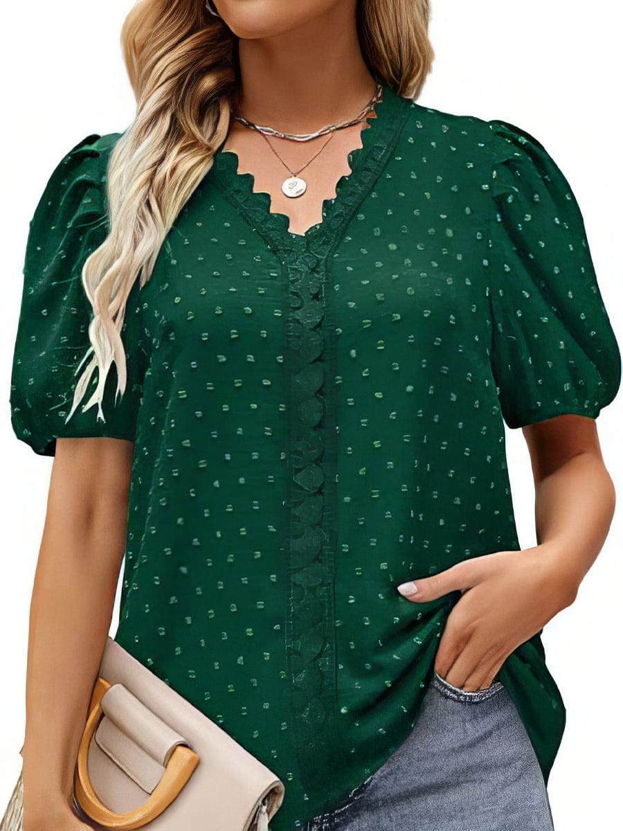 Lace Bubble Short Sleeve V Neck T-Shirt TSH2303300117DGRS DarkGreen / 2 (S)