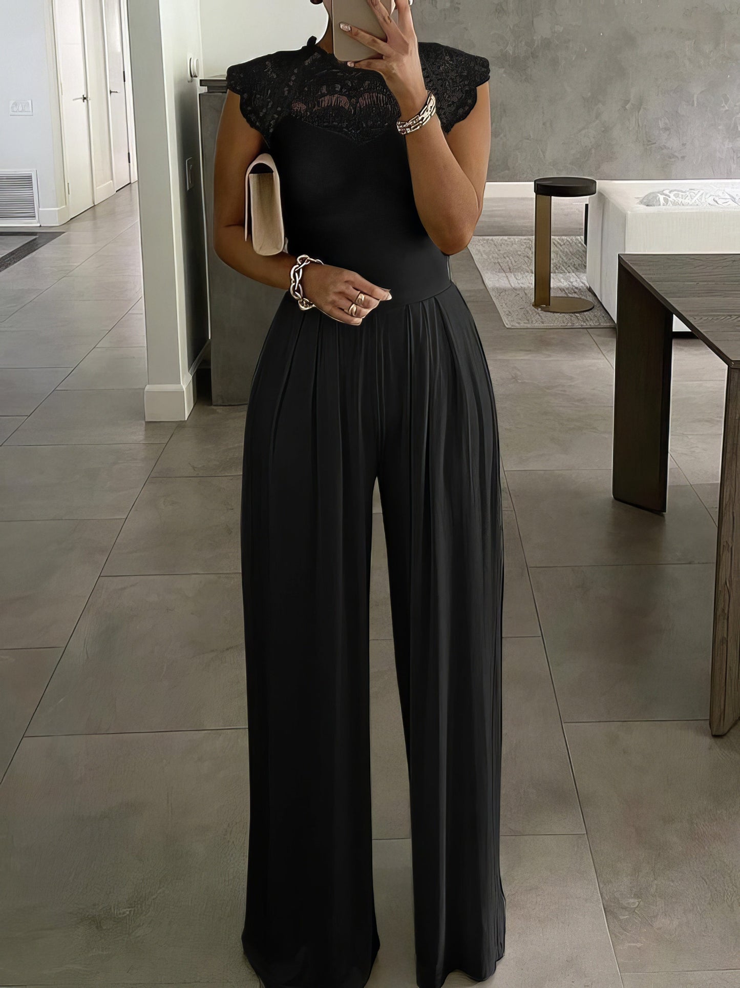 Lace-Up Round Neck Solid Jumpsuit JUM2106150015BLAS Black / 2 (S)