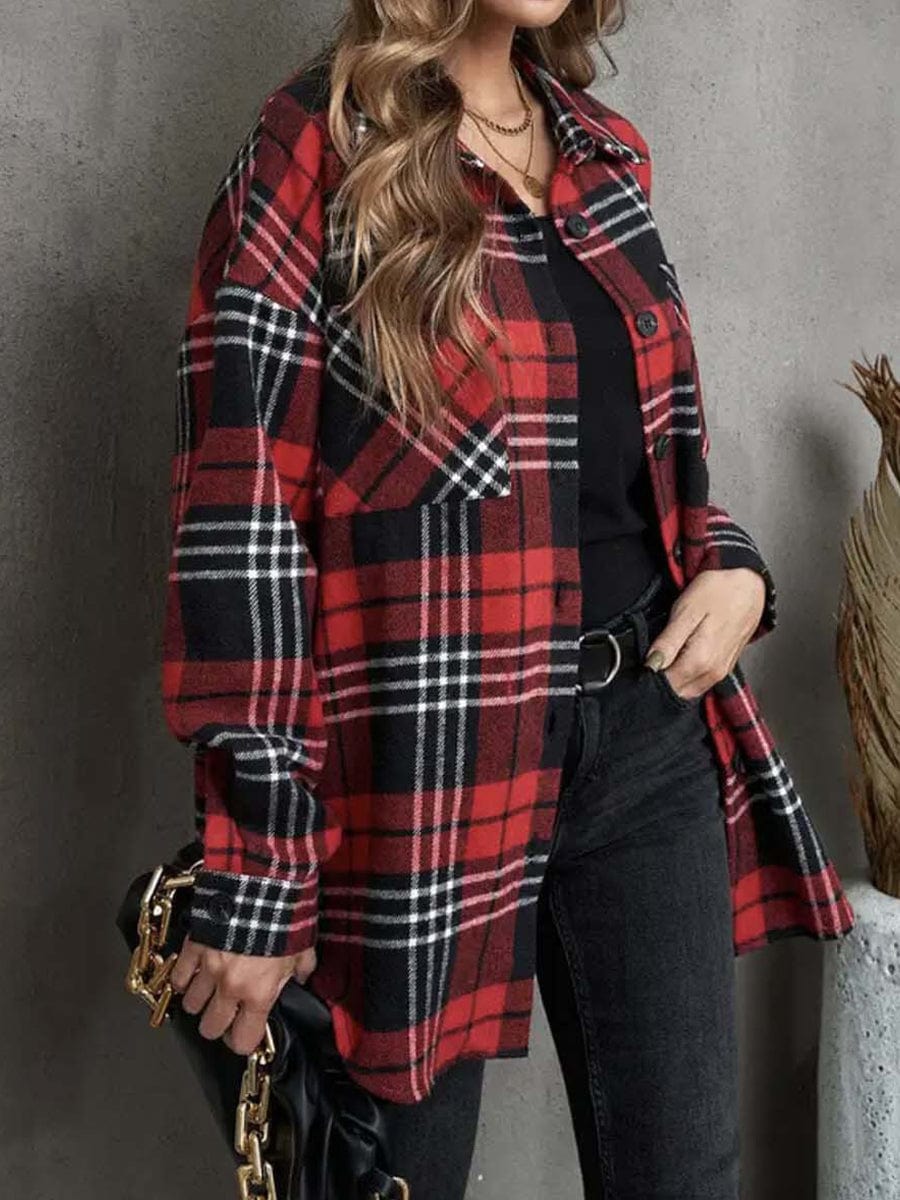 Lapel Collar Single Breasted Loose Plaid Wool Coat COA2308110027REDS Red / 2(S)