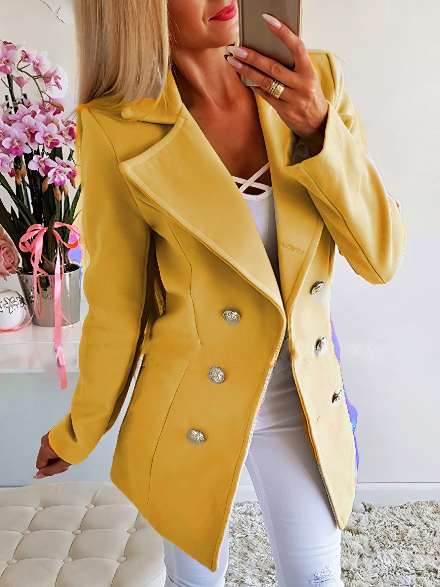 Lapel Double-Breasted Woolen Coat COA2111051283YELS Yellow / 2 (S)