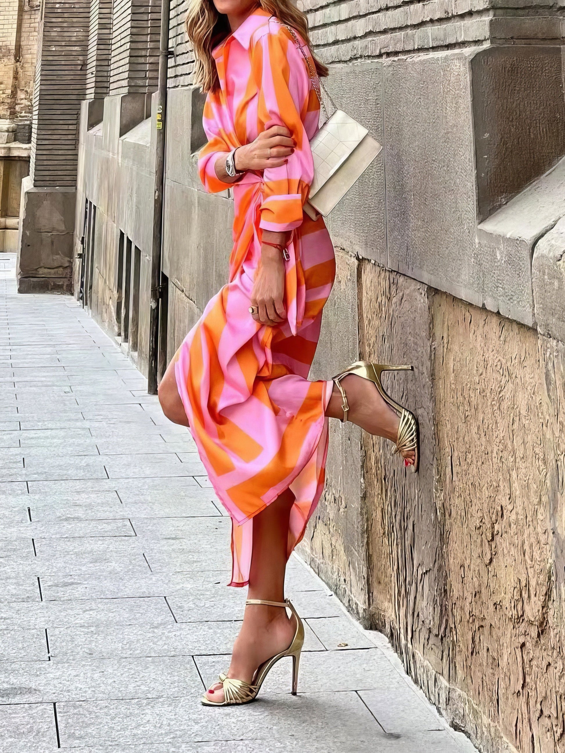 Lapel Striped Print Belted Long Sleeve Dress