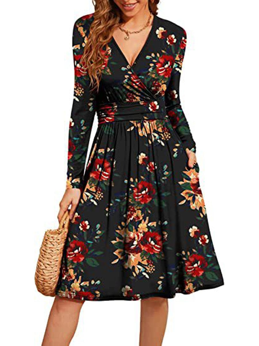 Long Sleeve Casual V-Neck Floral Party Midi Dress DRE2308010359BROS Brown / 2(S)