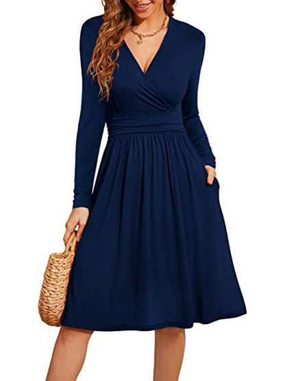 Long Sleeve Casual V-Neck Floral Party Midi Dress DRE2308010359NAVS Navy / 2(S)