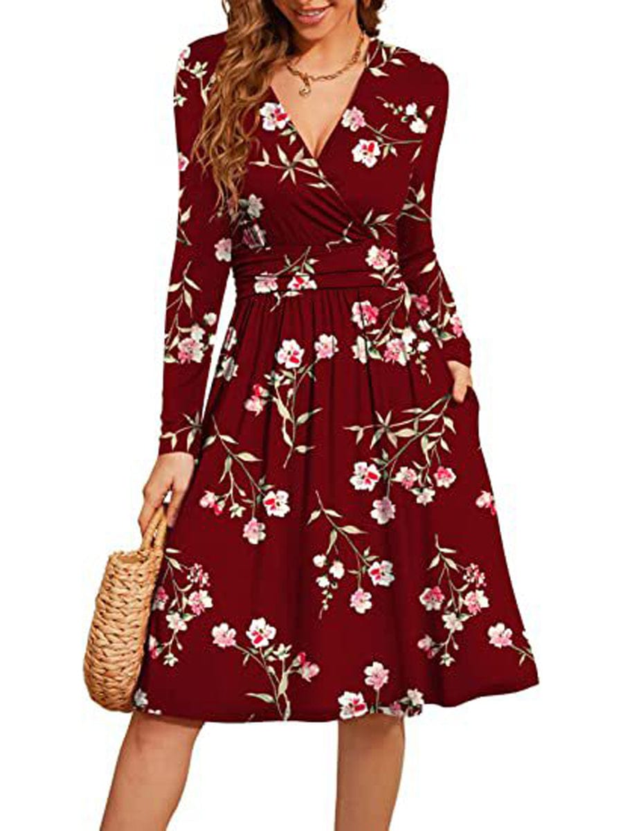 Long Sleeve Casual V-Neck Floral Party Midi Dress DRE2308010359REDS Red / 2(S)