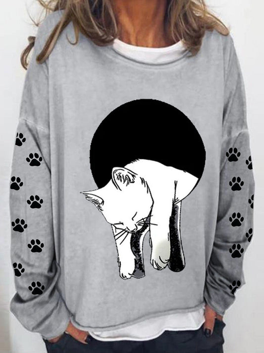 Long Sleeve Cat Printed Sweatshirt HOO221230002GRYS Gray / 2 (S)