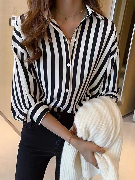 Long Sleeve Collar Button Stripe Blouse -Shirt - Bishop - V-Neck - Scoop - Closed BLO2210201903BWHIS Black / 2 (S)