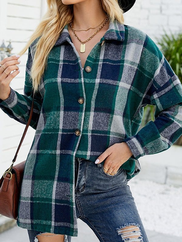 Long Sleeve Plaid Wool Medium Long Blouse BLO2212261945GRES Green / 2 (S)