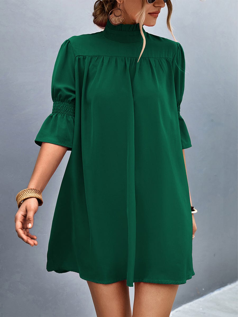Loose Casual Solid Color  With Stand Collar Stylish Mini Dress DRE2305190218GRES Green / 2 (S)