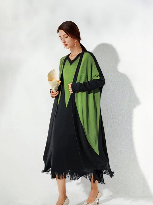 Loose Contrast Color Knitted Long Sleeve Elegant Midi Dress DRE2303170067BLAONESIZE Black / 8/10(L)