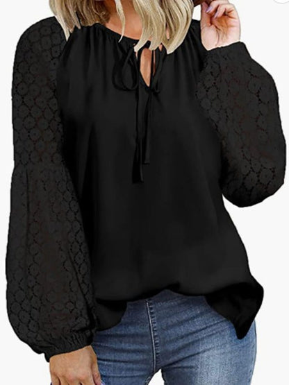 Loose Crew Neck Tie Lace Long Sleeve Blouse BLO2210271911BLAS Black / 2 (S)