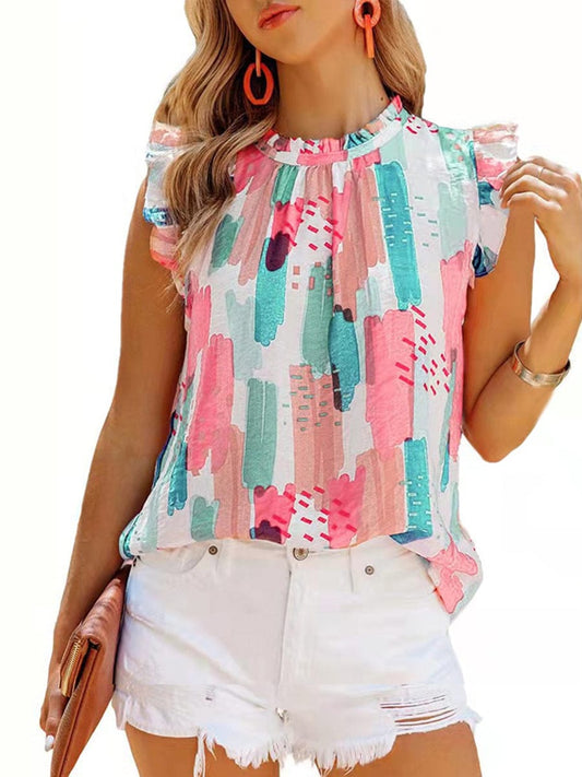 Loose Printed Chiffon Round Neck Sleeveless T-Shirt TSH2304210155PINS Pink / 2 (S)