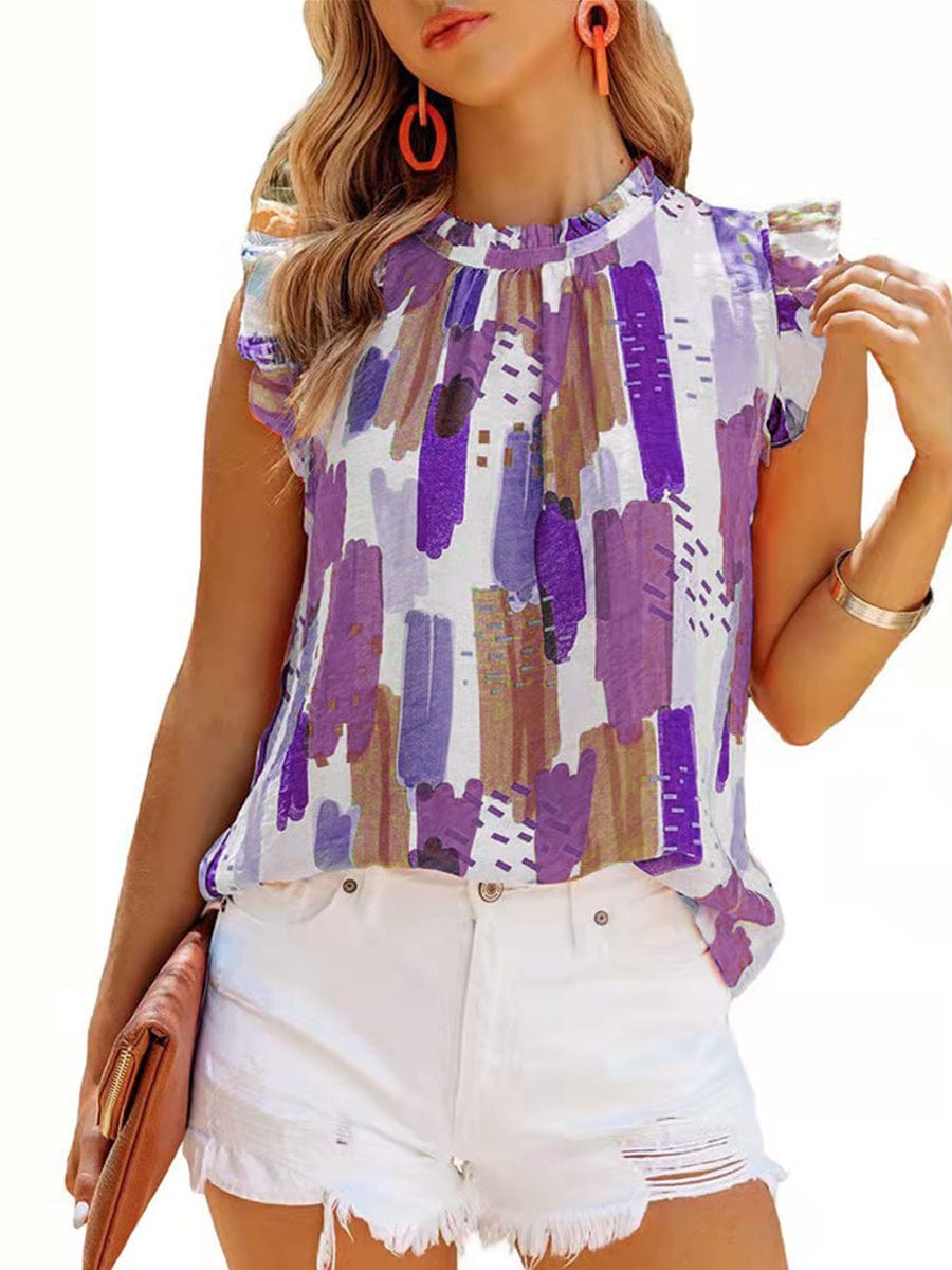 Loose Printed Chiffon Round Neck Sleeveless T-Shirt TSH2304210155PURS Purple / 2 (S)