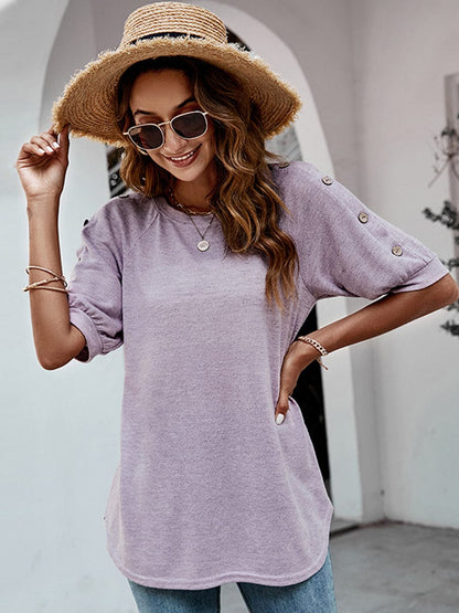 Loose Round Neck Button Casual Half-Sleeve T-Shirt TSH2303030056VIOS Violet / 2 (S)