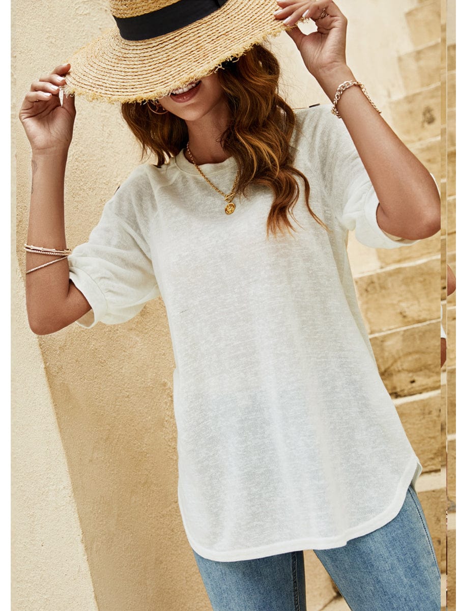 Loose Round Neck Button Casual Half-Sleeve T-Shirt
