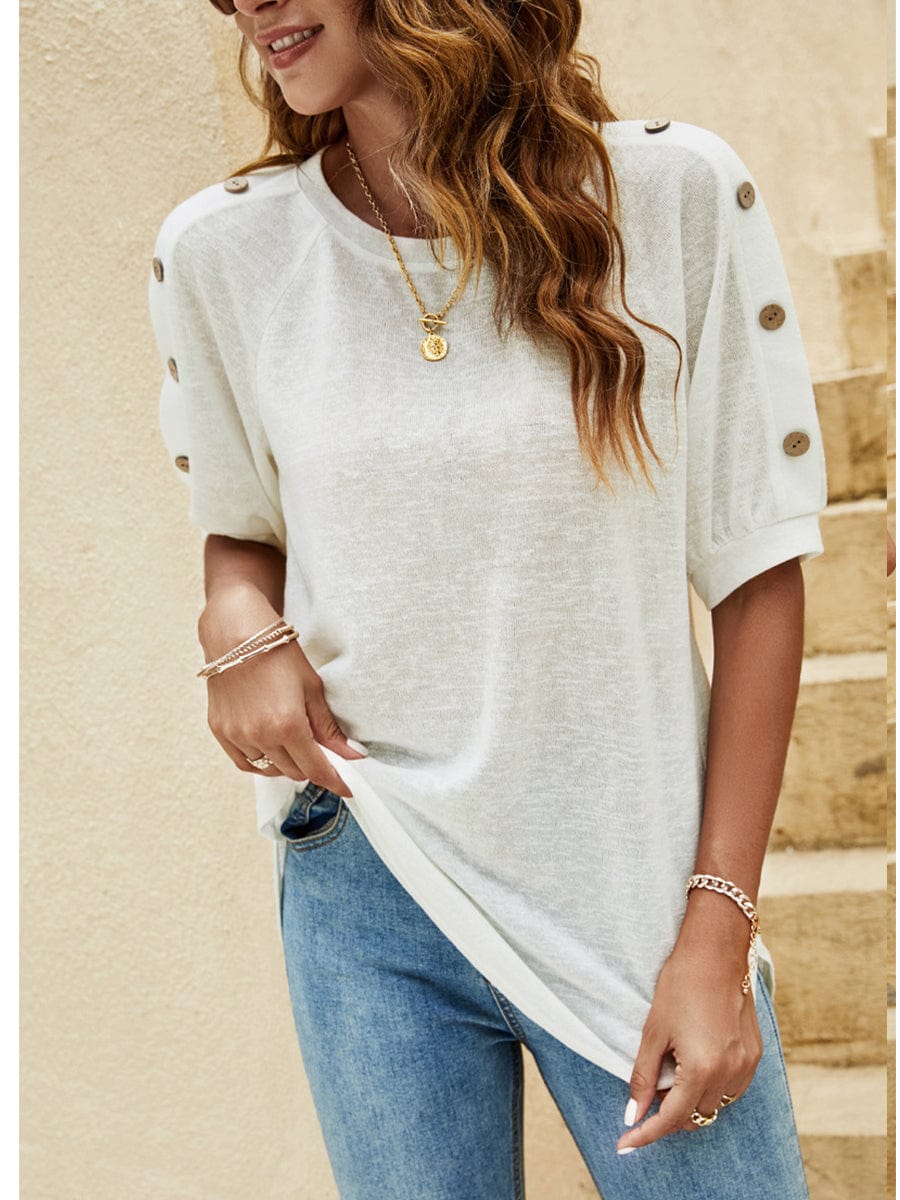 Loose Round Neck Button Casual Half-Sleeve T-Shirt